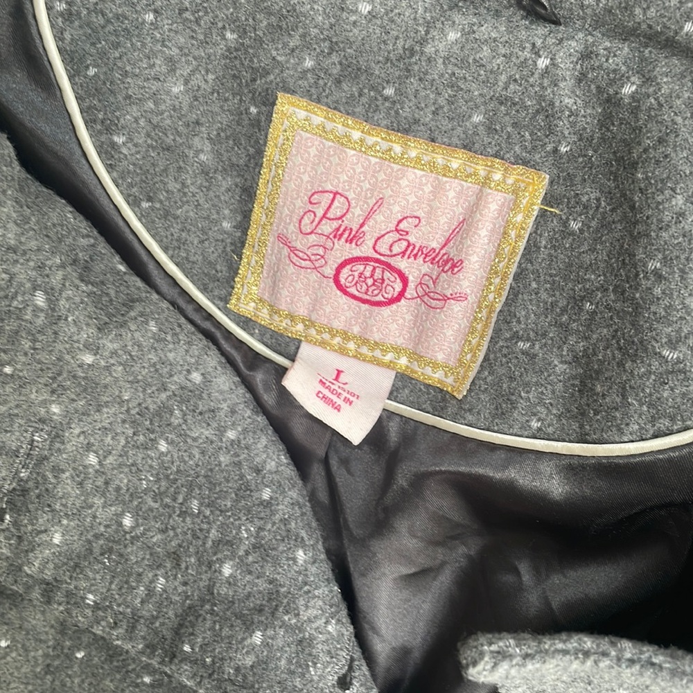 Pink envelope large pea coat. Gray with small white polka dots.